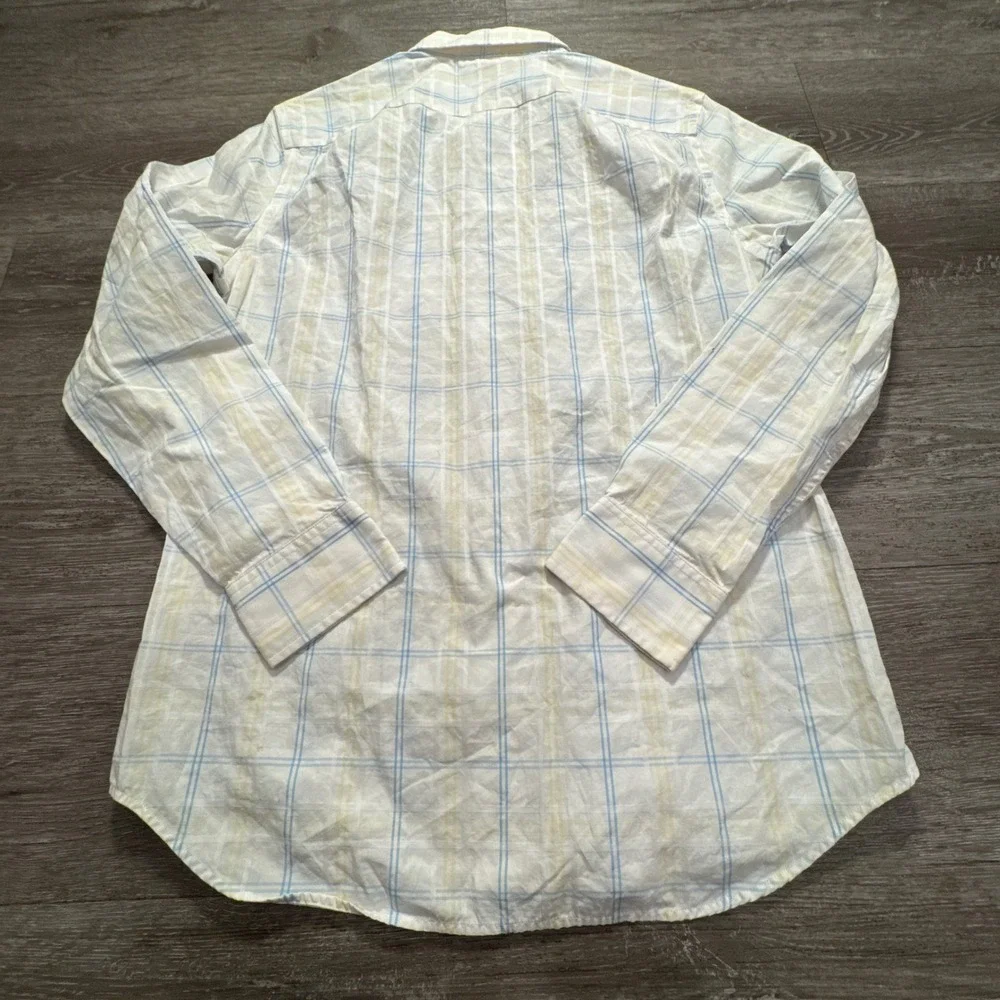 Banana Republic Shirt Mens M White Blue Yellow Cotton Slim Plaid Preppy Summer